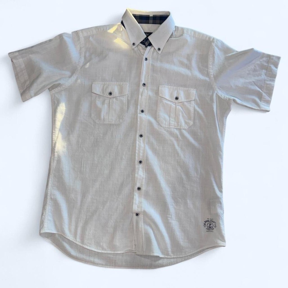 Men's White Short Sleeve Western Utility Button Up Shirt Plaid Collar Size L